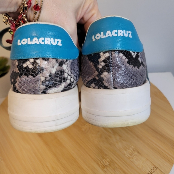 LOLA CRUZ leather brown suede snake print lace up casual fashion sneakers - Picture 4 of 13